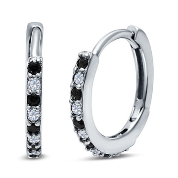 Half Eternity Hoop Earrings Round Simulated Black Cubic Zirconia 925 Sterling Silver (16mm)